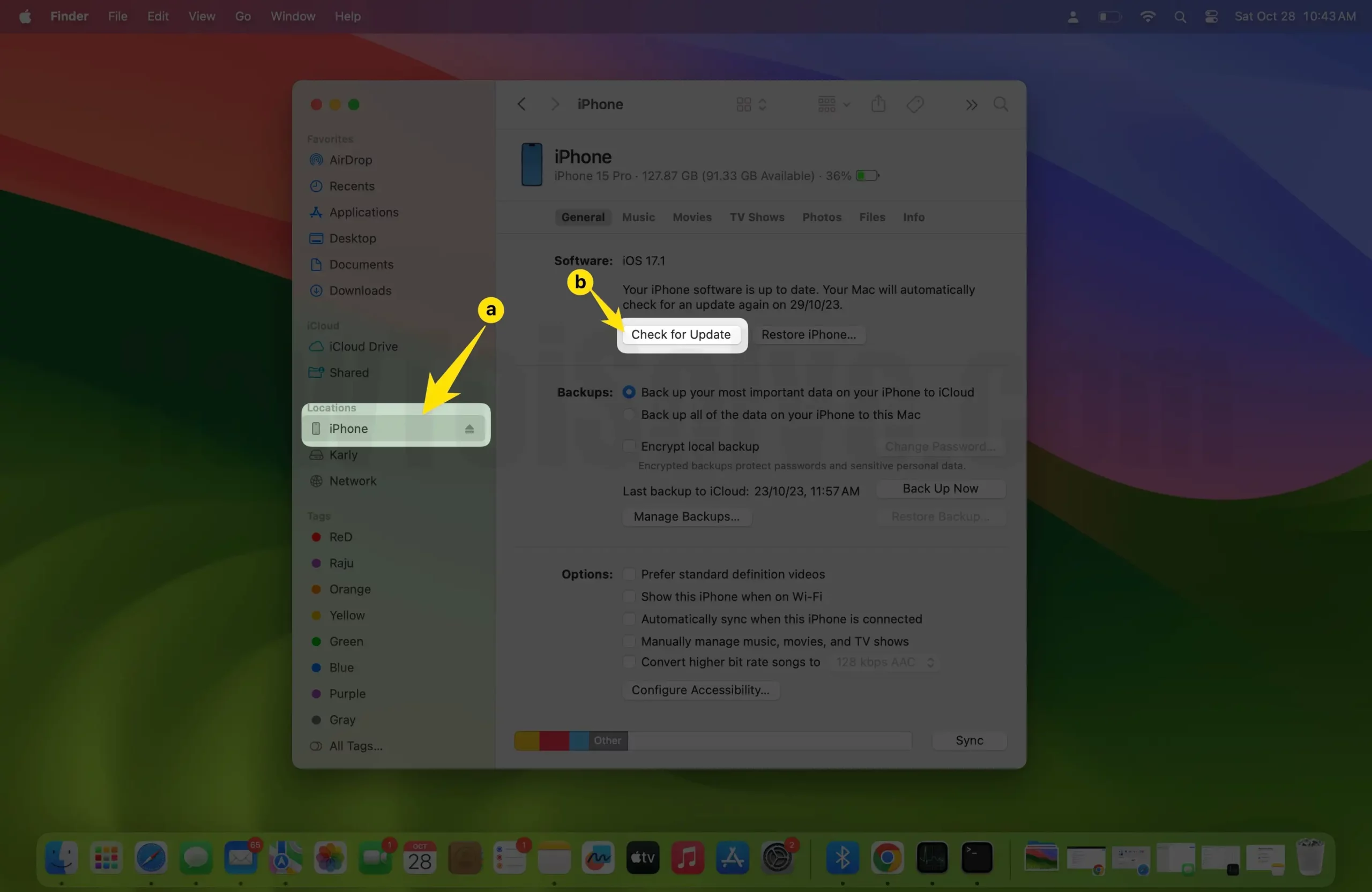 Find iPhone in Finder side bar under location section and click on check for update settings on Mac computer