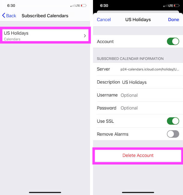 Manage or Delete Added Calendars on iPhone settings