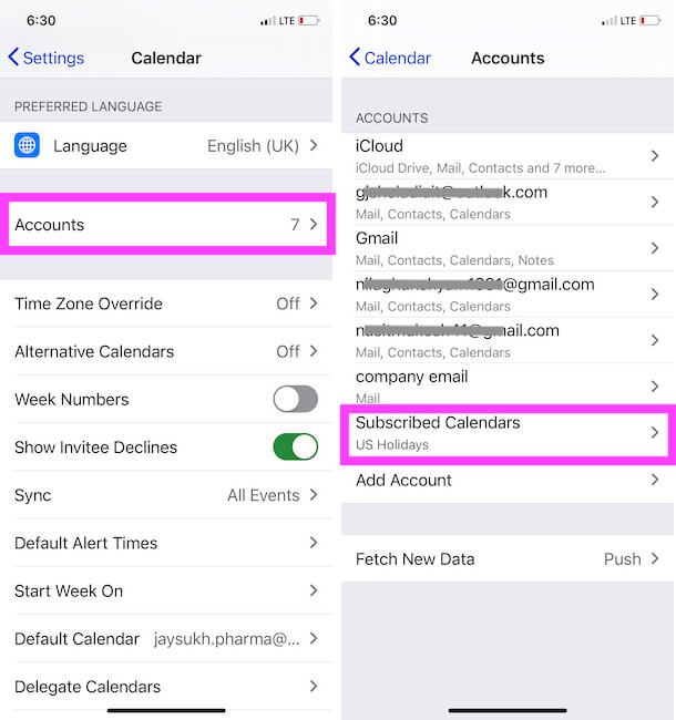 See All the Subscribed Calendar on iPhone settings app