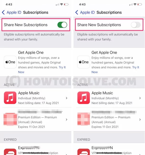 share new subscriptions toggle for icloud account