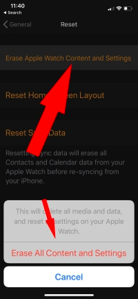 2 Удалите все содержимое и настройки Apple Watch с iPhone после блокировки Apple Watch
