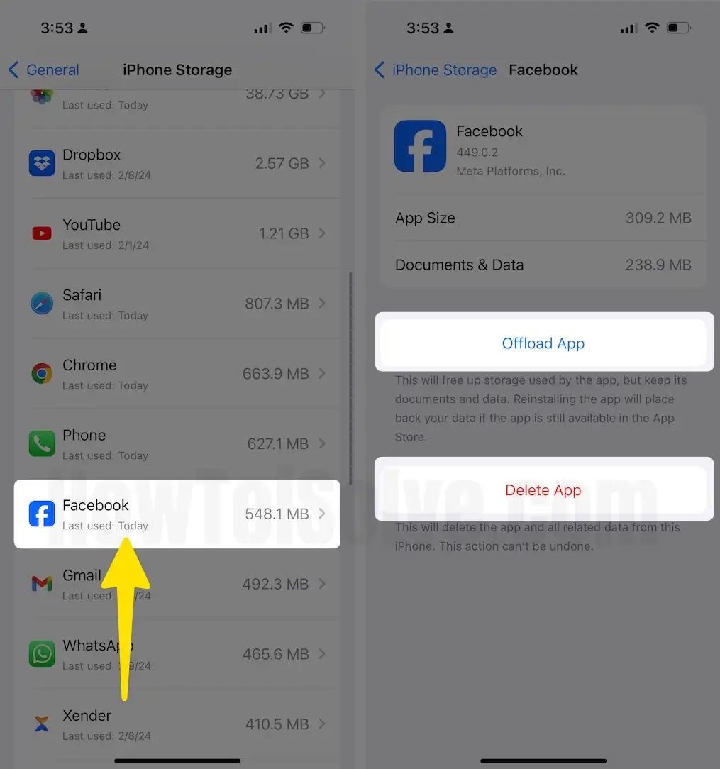 Select facebook app tap offload app , delete app on iPhone