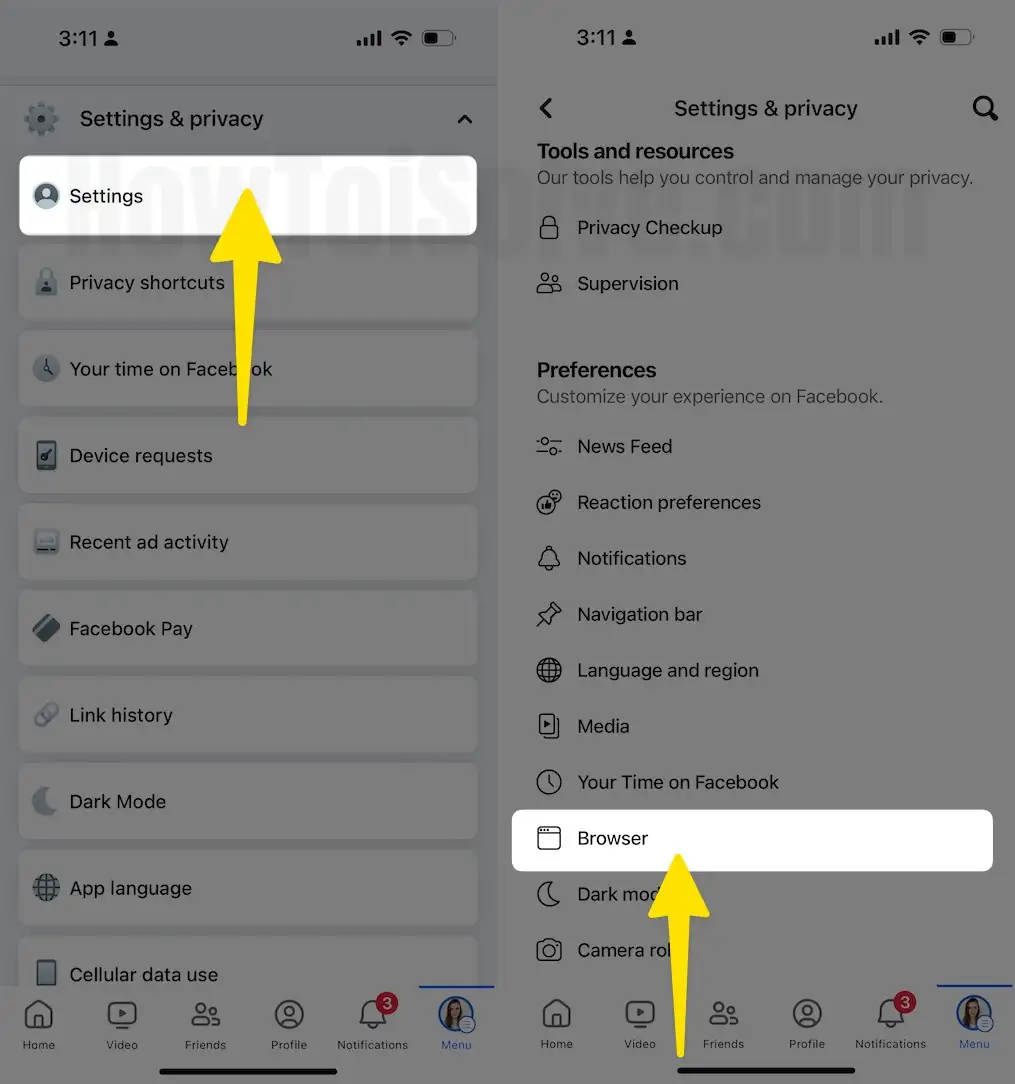 Select settings tap browser on iPhone