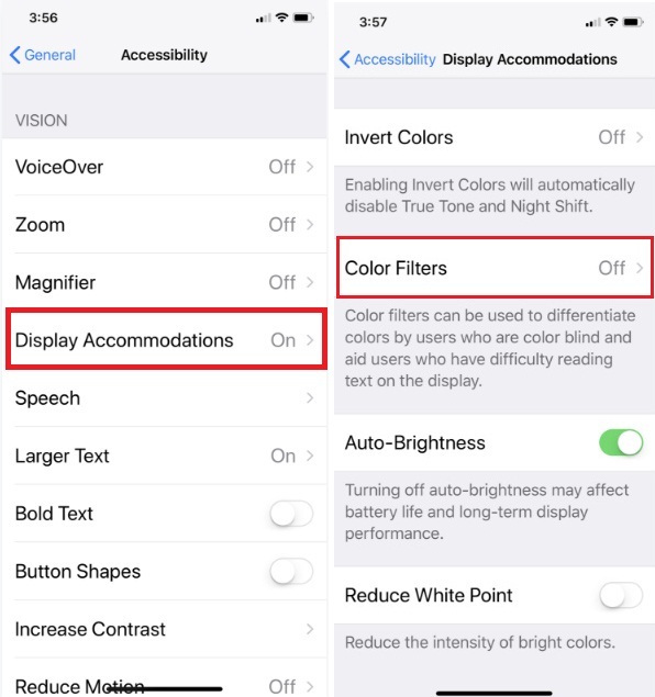 Accessibility display accomodations color filter on iPhone X iPhone 8 Plus