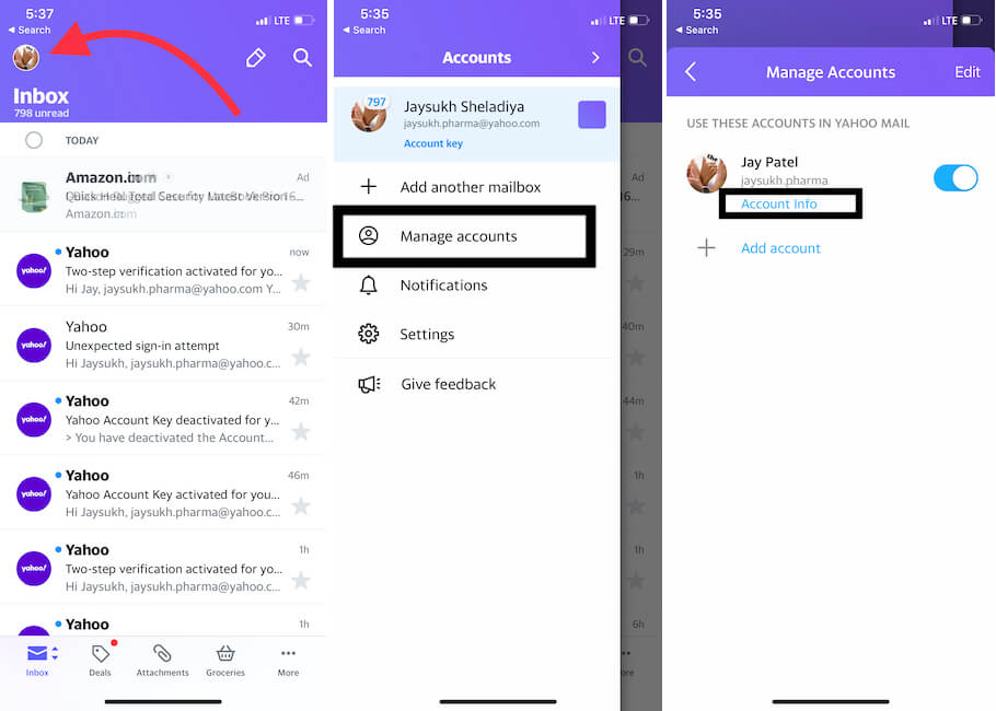 Kontoinformationen auf dem iPhone Yahoo Mail App