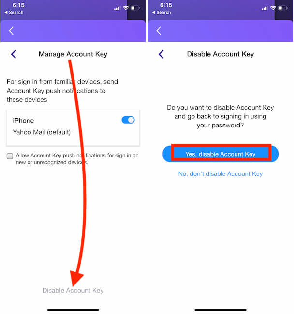 Deaktivieren Sie den Kontoschlüssel in der iPhone Yahoo Mail-App