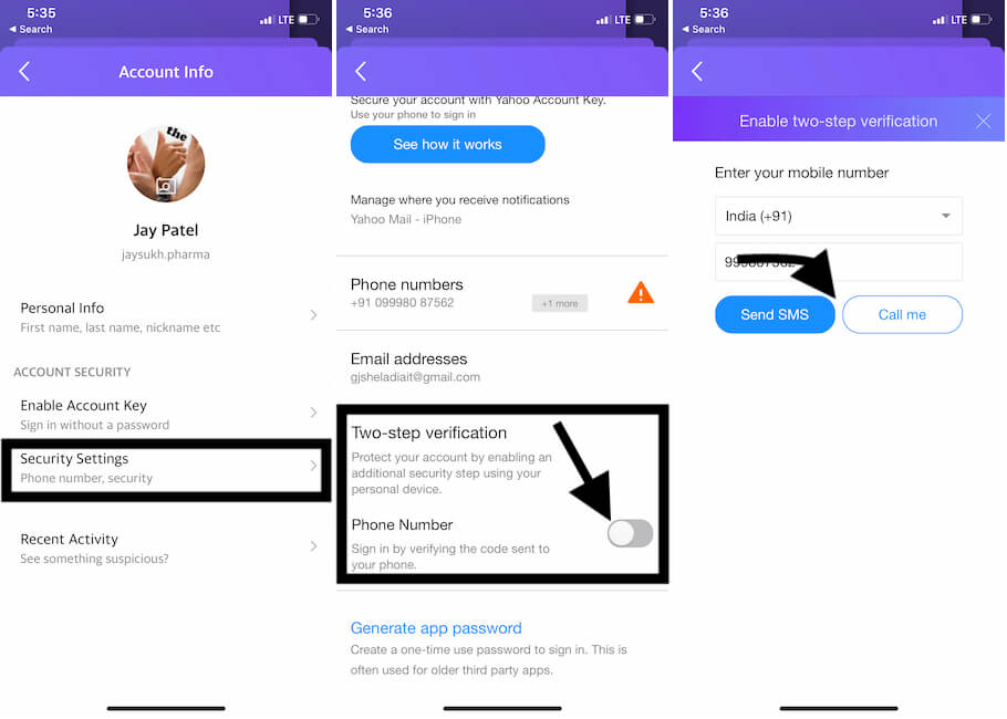 Enable Two Factor Verification on iPhone Yahoo Mail app