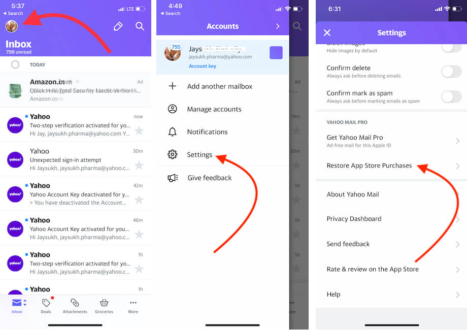 Wiederherstellen von Käufen von Yahoo Mail App iPhone