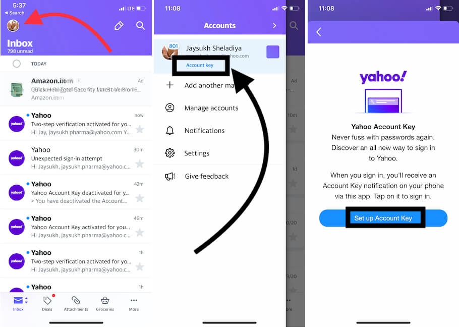 Setup Account Key Option on iPhone Yahoo mail app