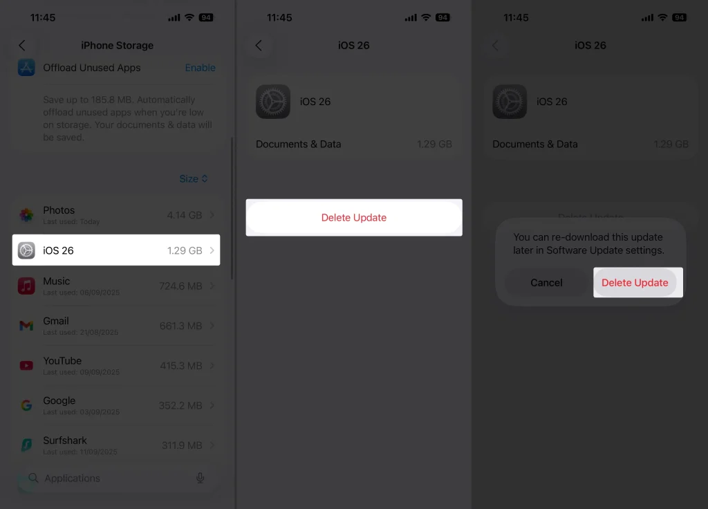 how to delete iOS 26 update on iPhone storage