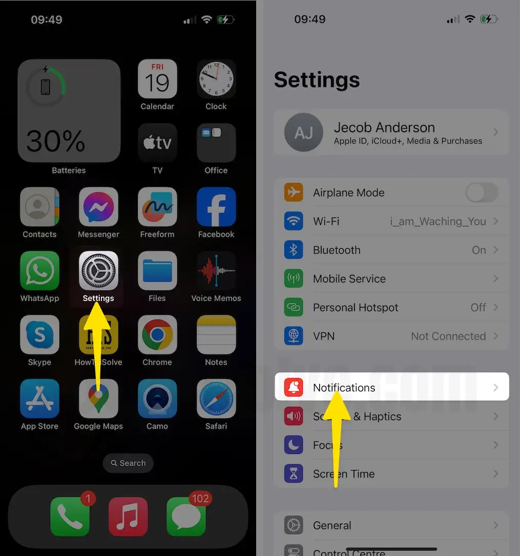 Open Settings Select Notifications on iPhone
