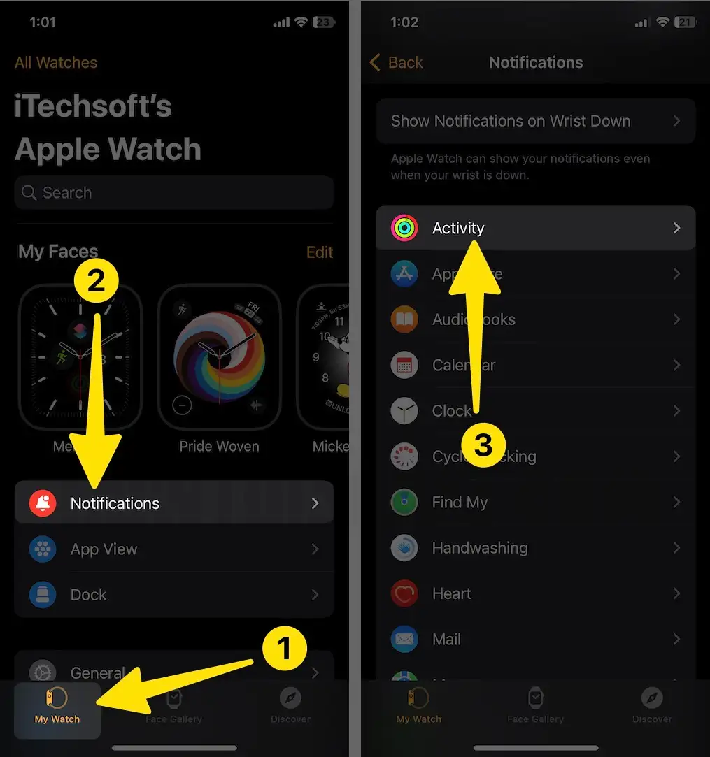 Open watch app tap my watch click notifications select activity on apple watch