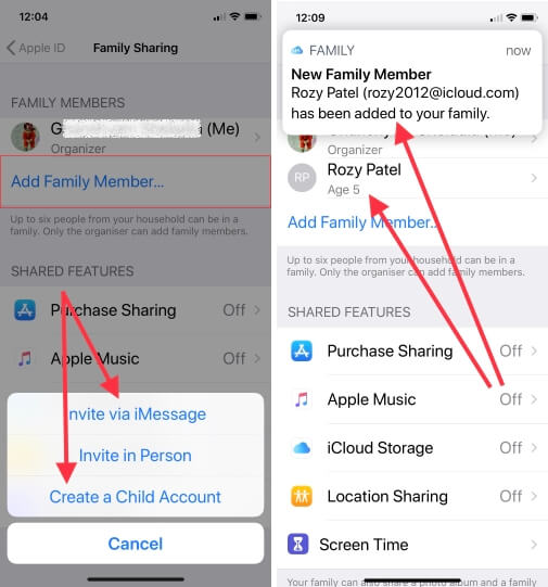 2 add a new kid in Family sharing for screen time in iOS 12