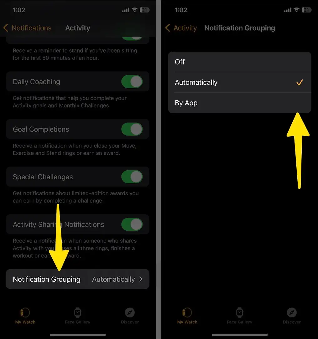 Click notification grouping select off ,automatic or by app on apple watch