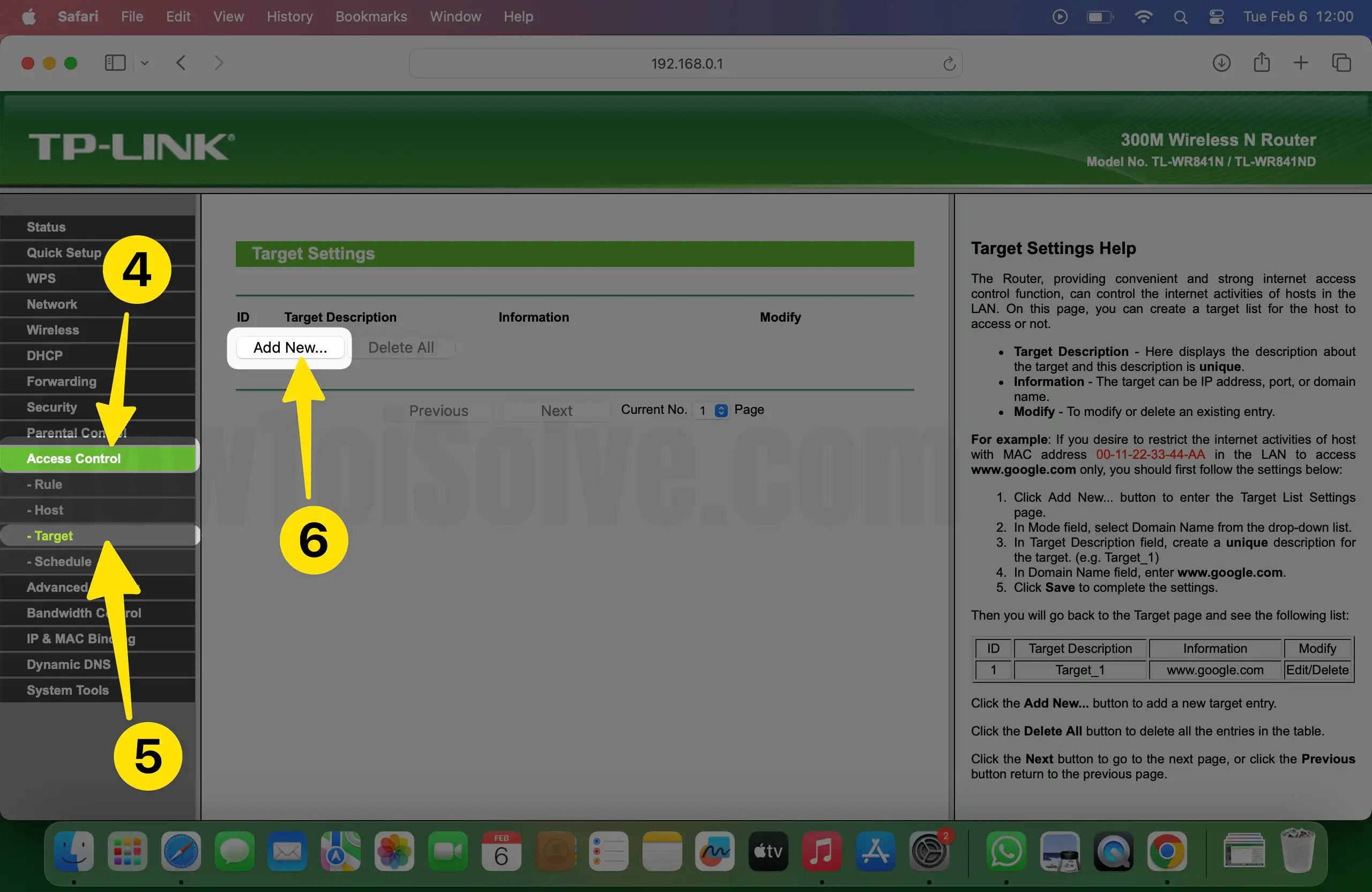 Select access control click target choose add new... on mac