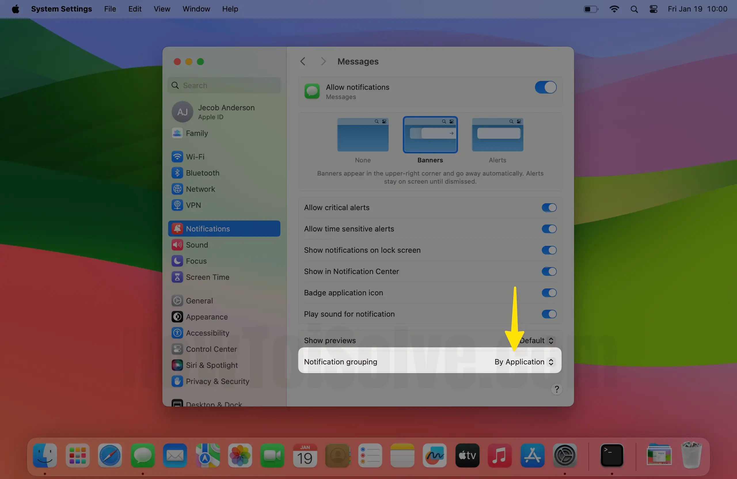 Click on Notification Grouping Choose By App on Mac