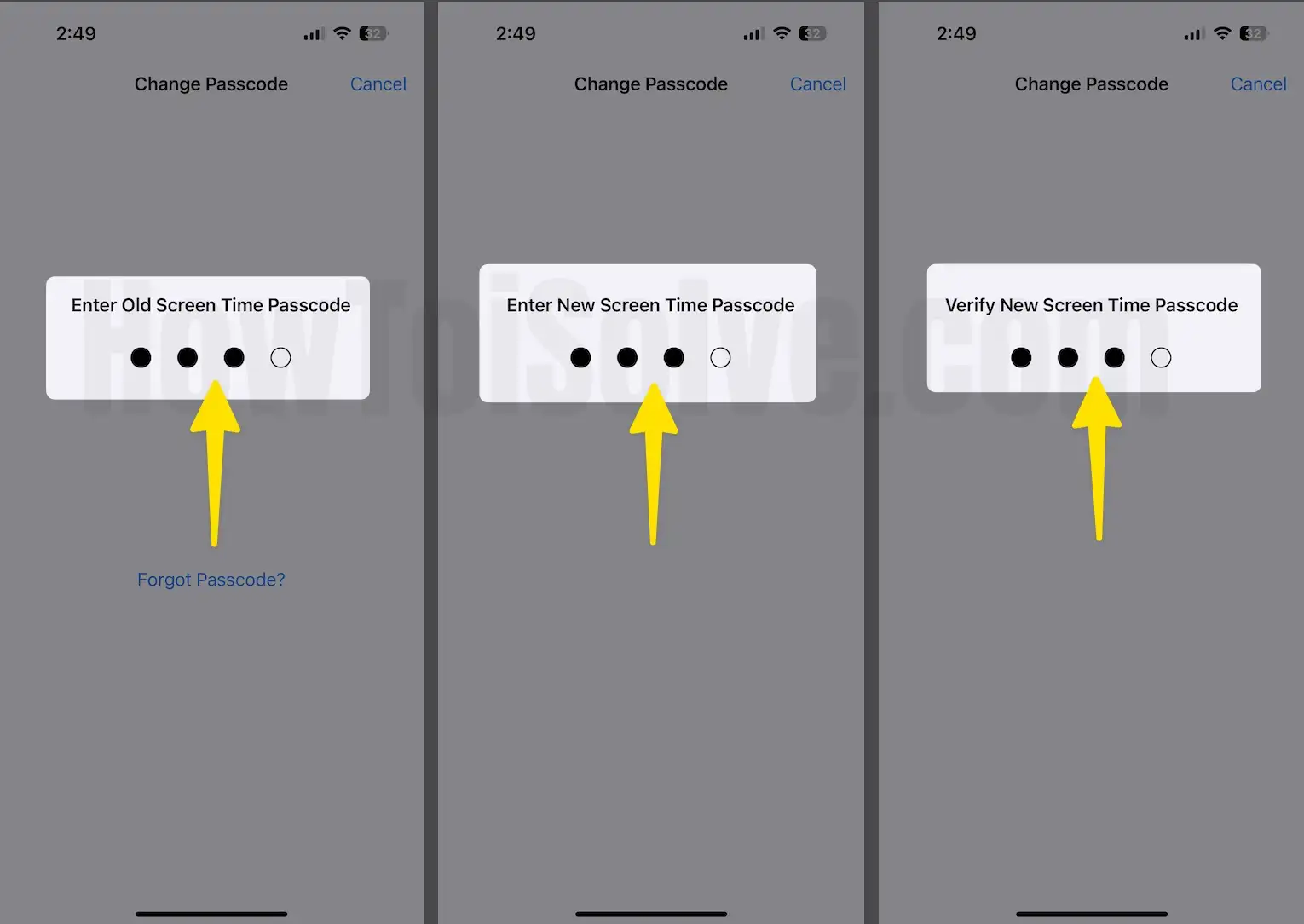 Enter old screen time passcode to new screen then verify new screen time passcode on iPhone