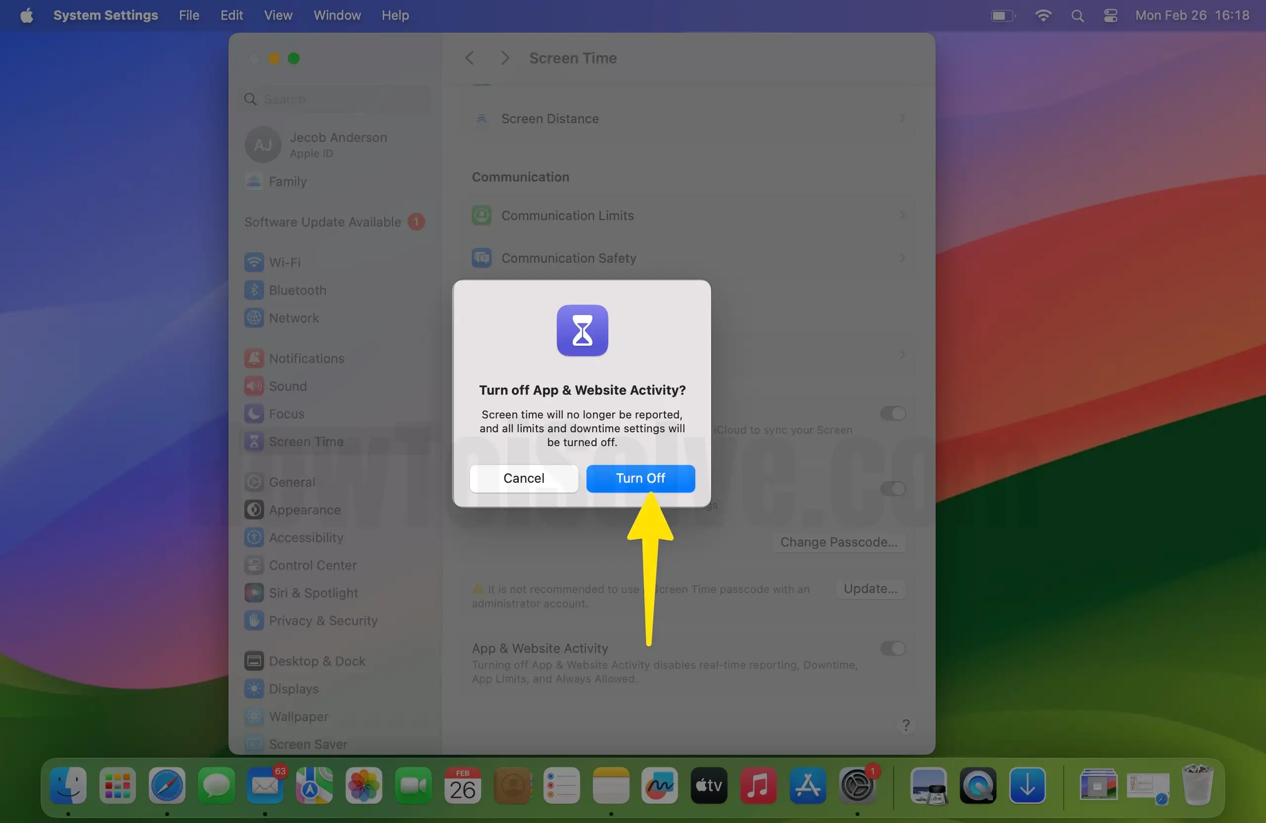 Choose turn off in screen time on mac