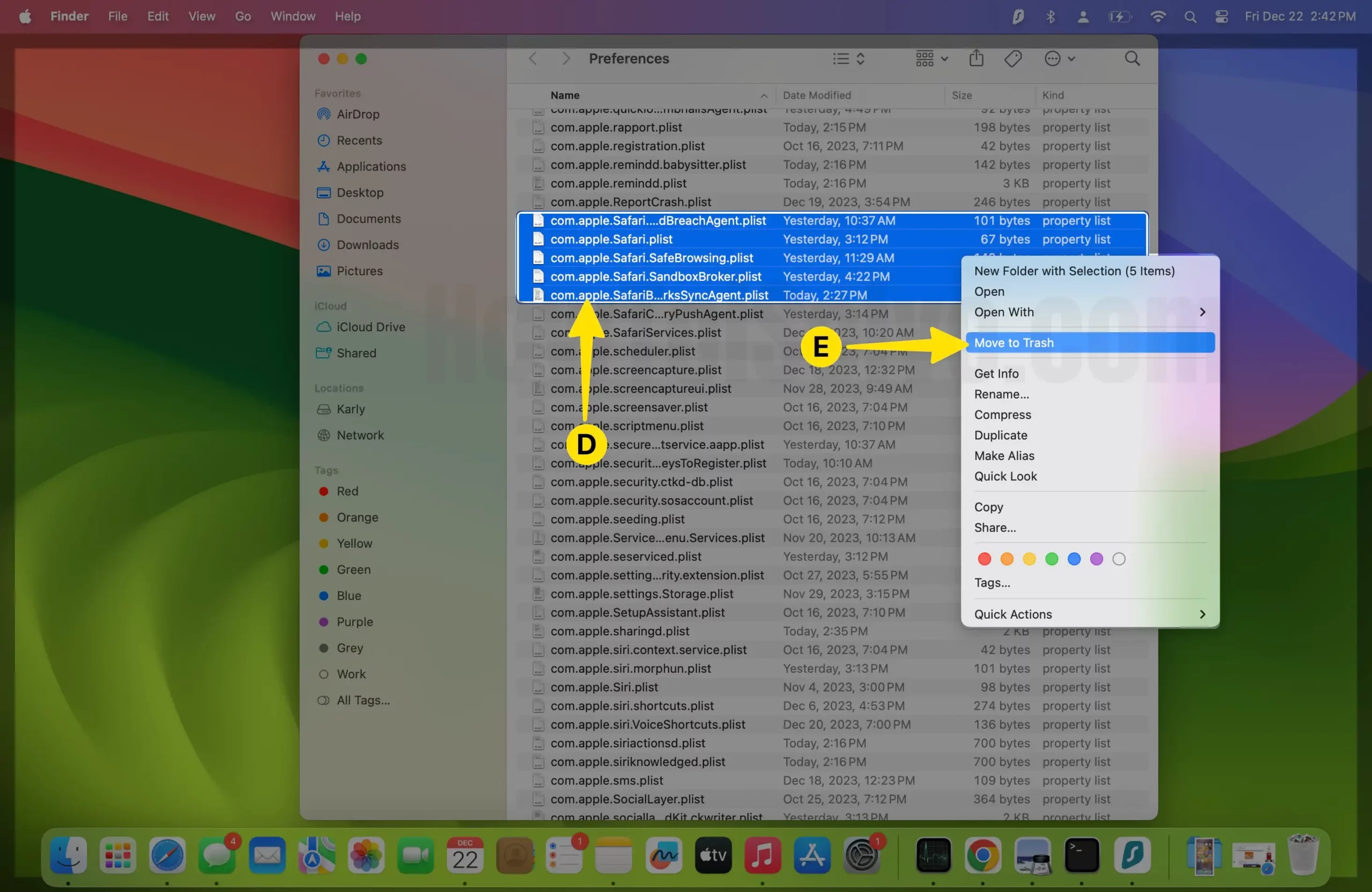 Locate the com. apple. Safari..plist Tap Move to Trash on Mac