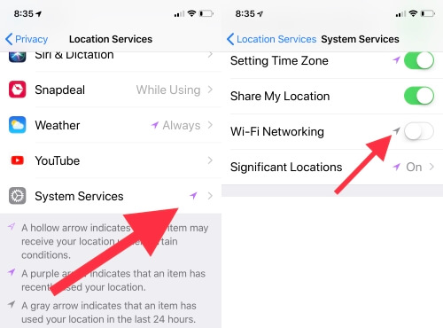 6 Отключите сеть WiFI в системных службах на iPhone