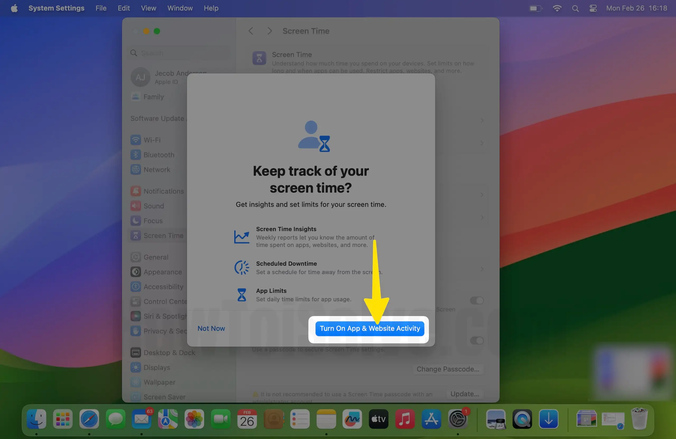 Select Turn On App & Website Activity on mac