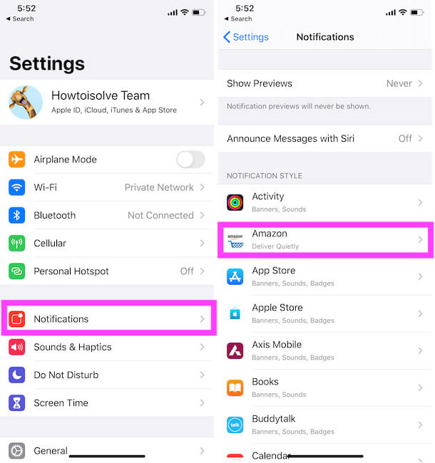 Notifications settings on iPhone