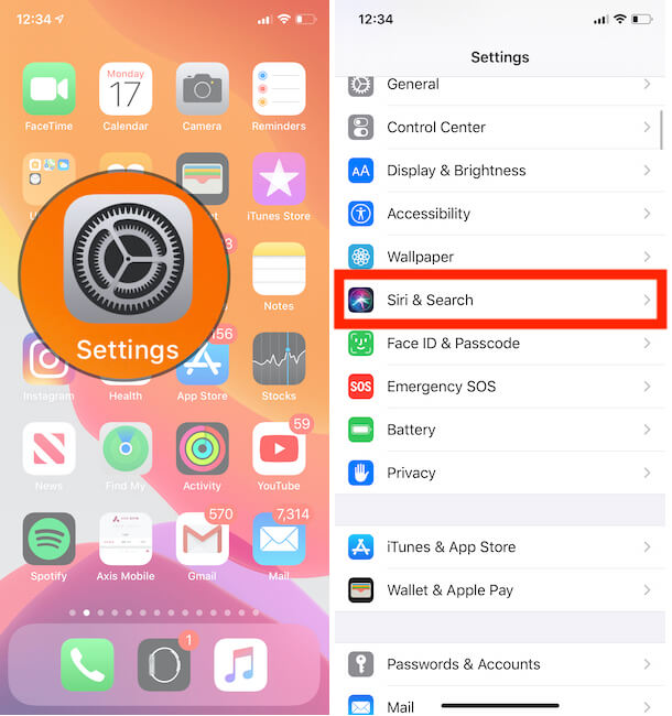 Siri & Search settings on iPhone