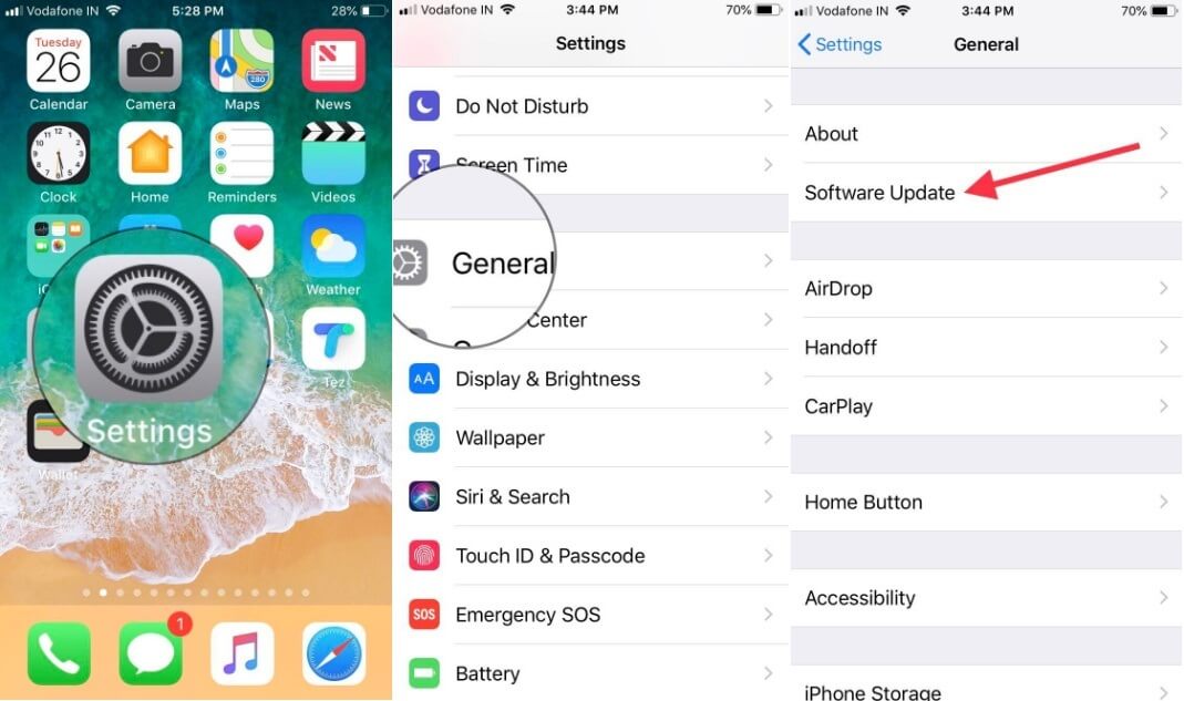 Нажмите iPhone Settings App, затем нажмите General и нажмите Software Update, чтобы проверить общедоступную бета-версию iOS 12.