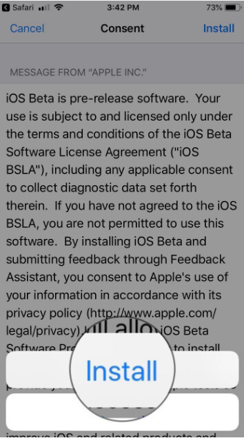 Tap on Install to Confirm on your iPhone to install iOS 12 Public Beta