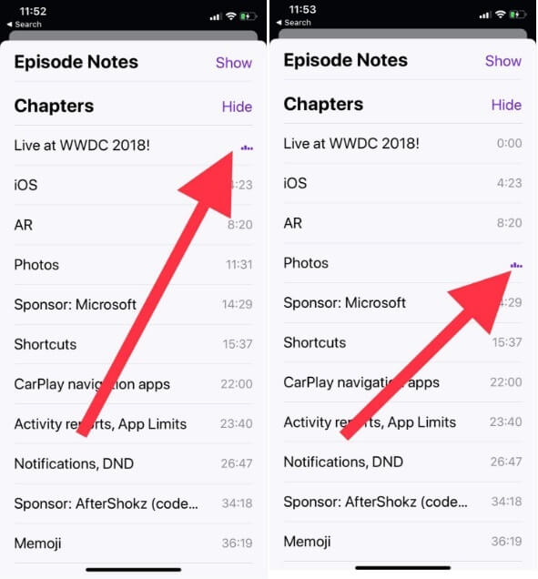 Tap on purple equilzer Podcast Chapters in iOS 12 on iPhone and iPad