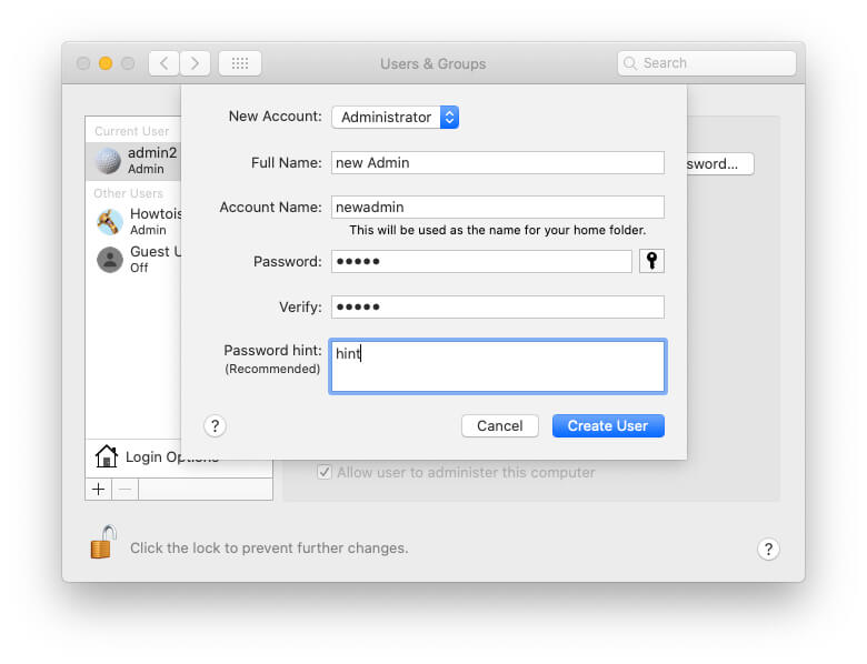 create a new admin account on a mac