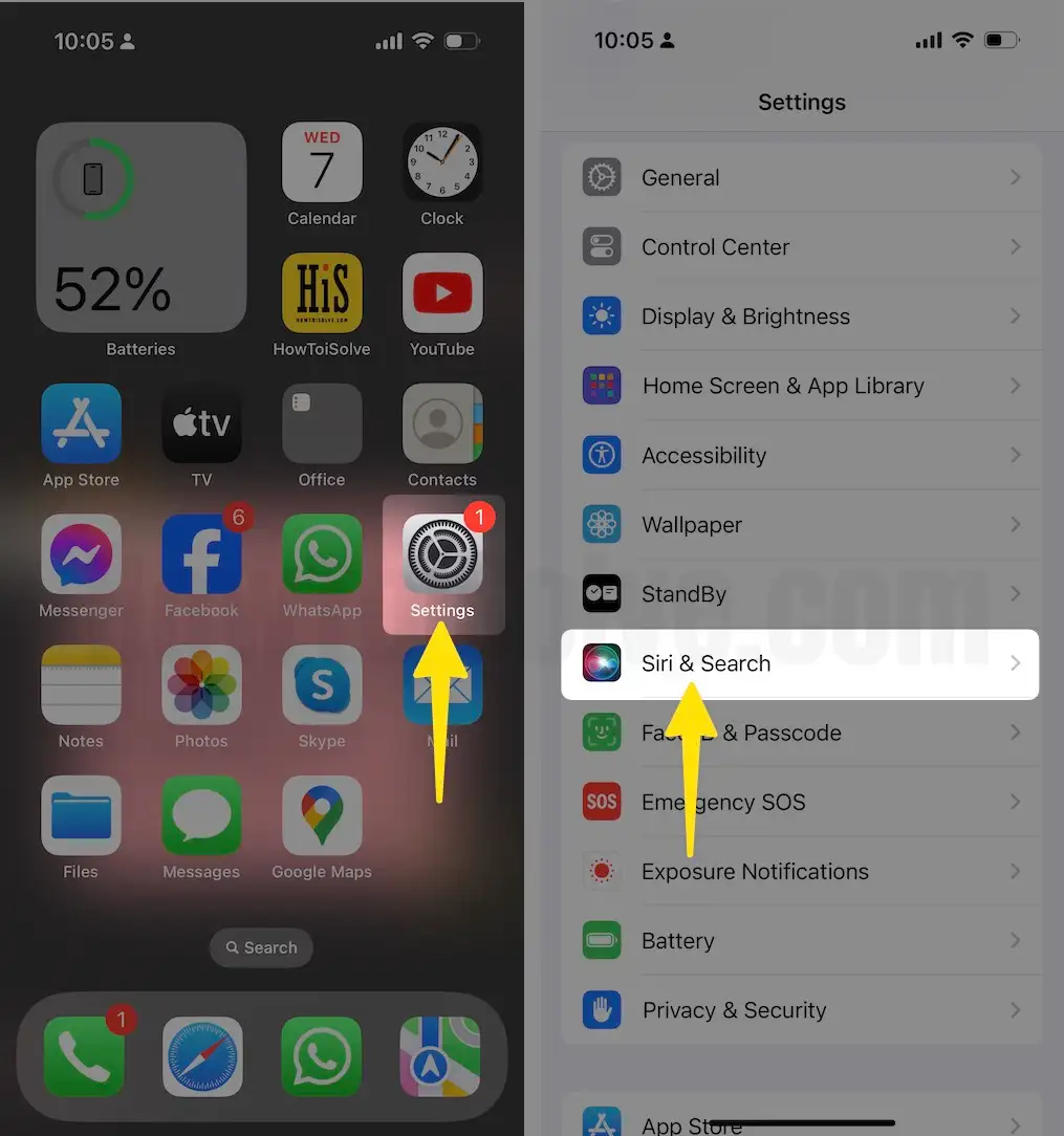 Open Settings Tap on Siri & Search on iPhone