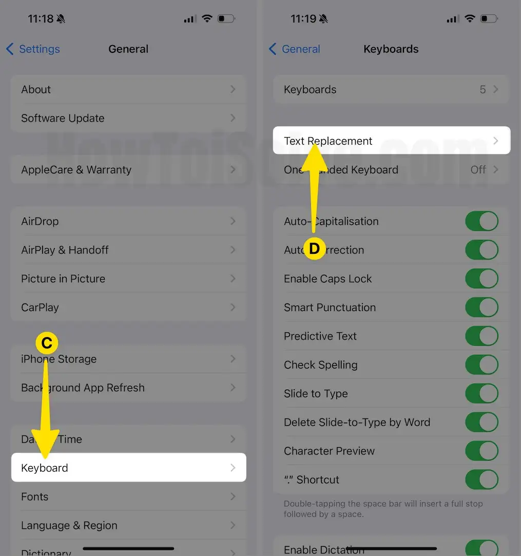 Click on Keyboard Select Text Replacement on iPhone