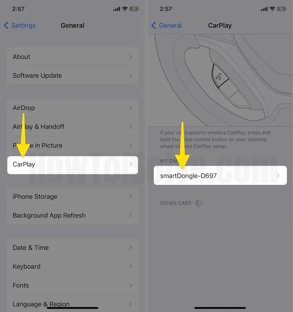 Select CarPlay Tap on the Bluetooth CarPlay Device Name on iPhone