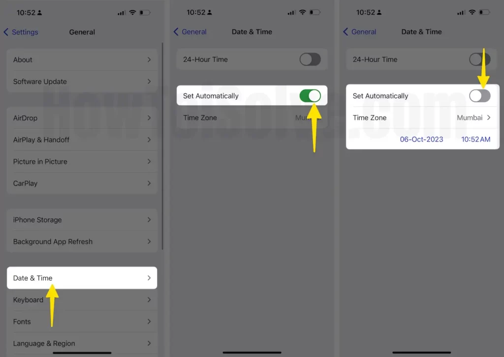 Click date & time toggle ON:OFF set automatically on iphone
