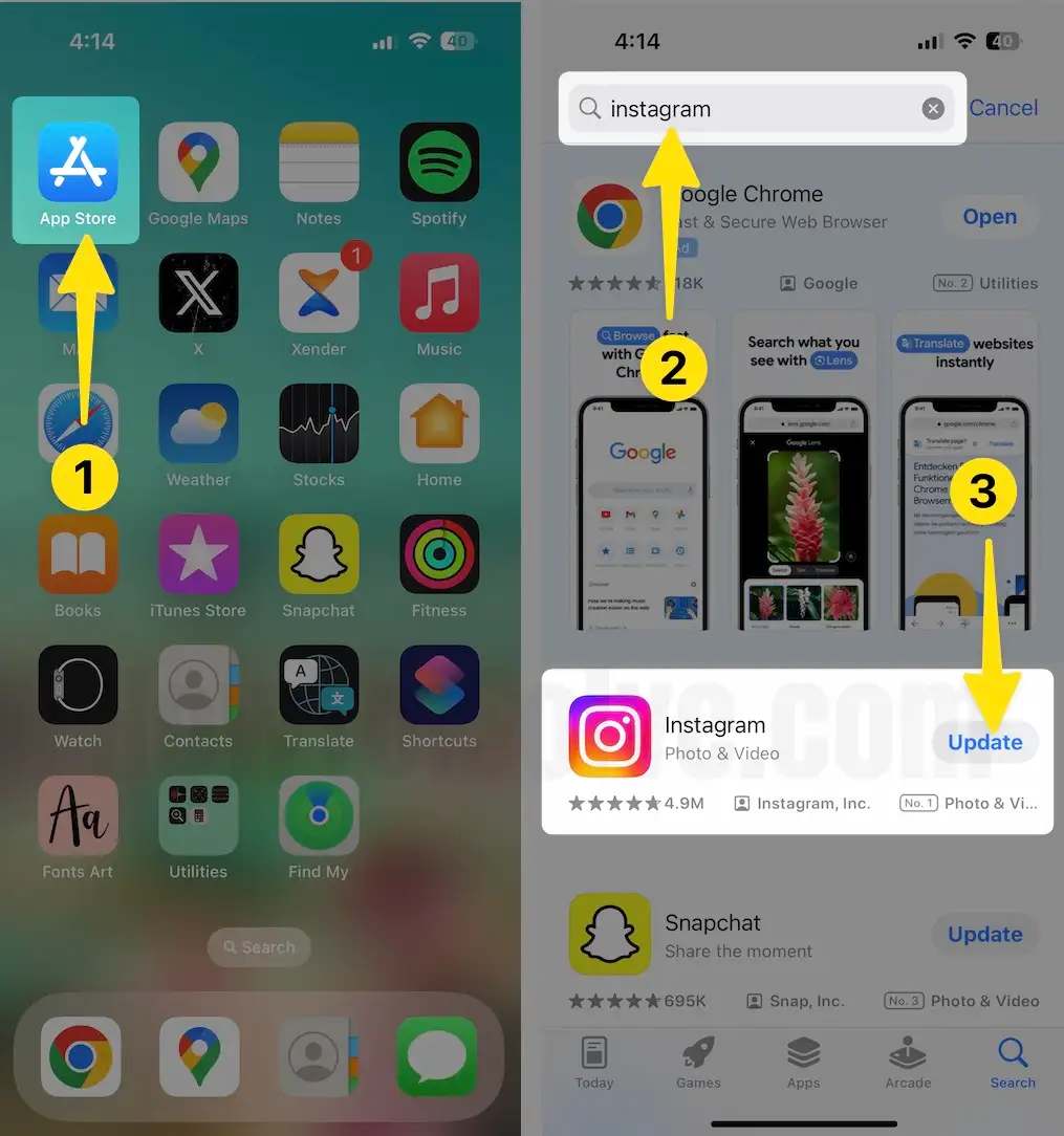 Open app store app tap search instagram click update on iPhone