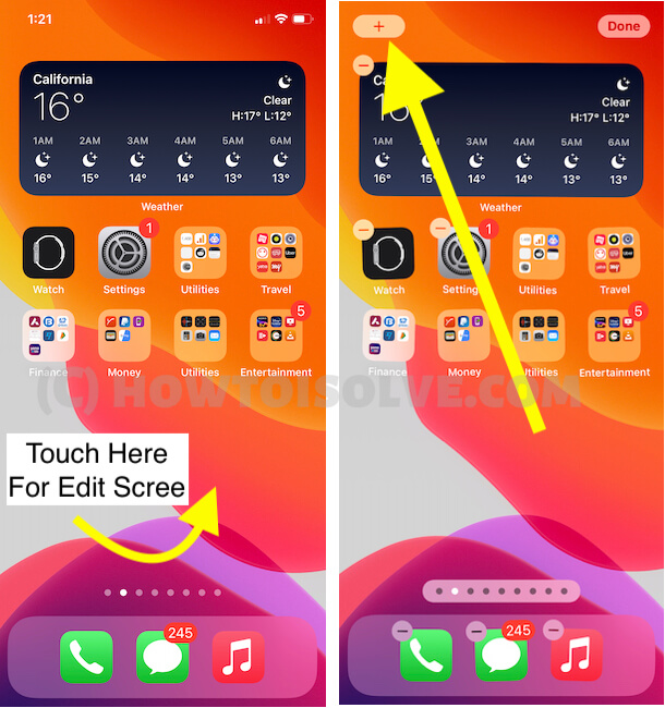 Edit iPhone home screen and Add a new widget option on iPhone screen in iOS 14 or later iOS Version