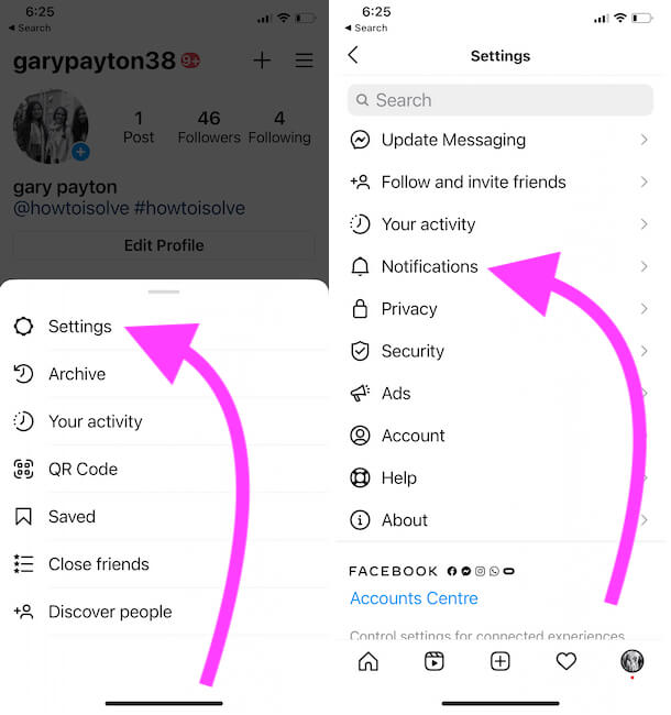 Instagram Notifications settings on iPhone app