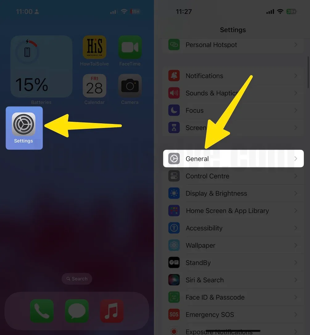 open setting choose general on iphone