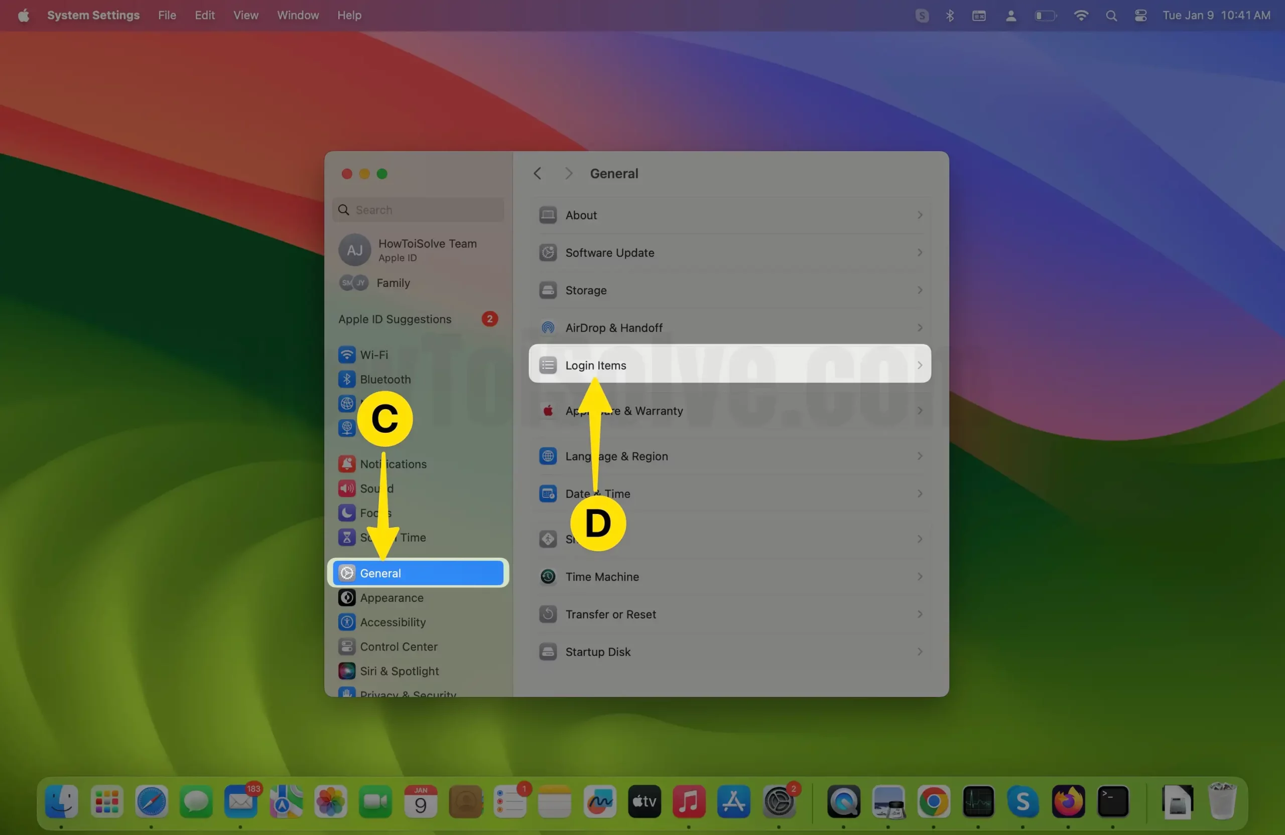 Click on General Select Login items on Mac