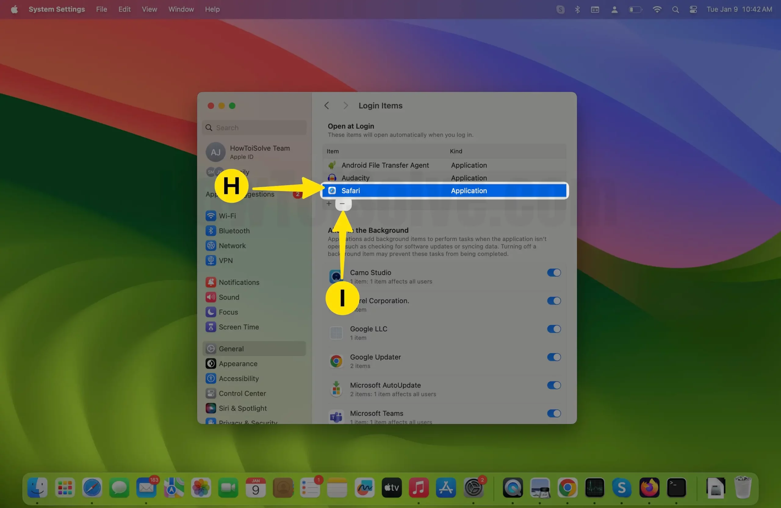 Select App Tap on - button to remove from the Login item on Mac