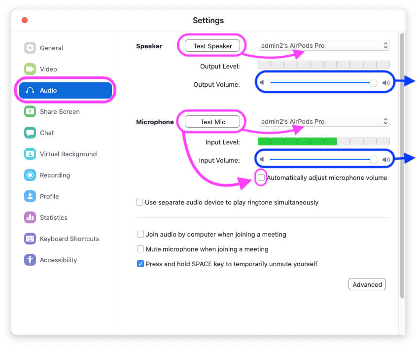 Audio Settings on MacBook mac Zoom us app