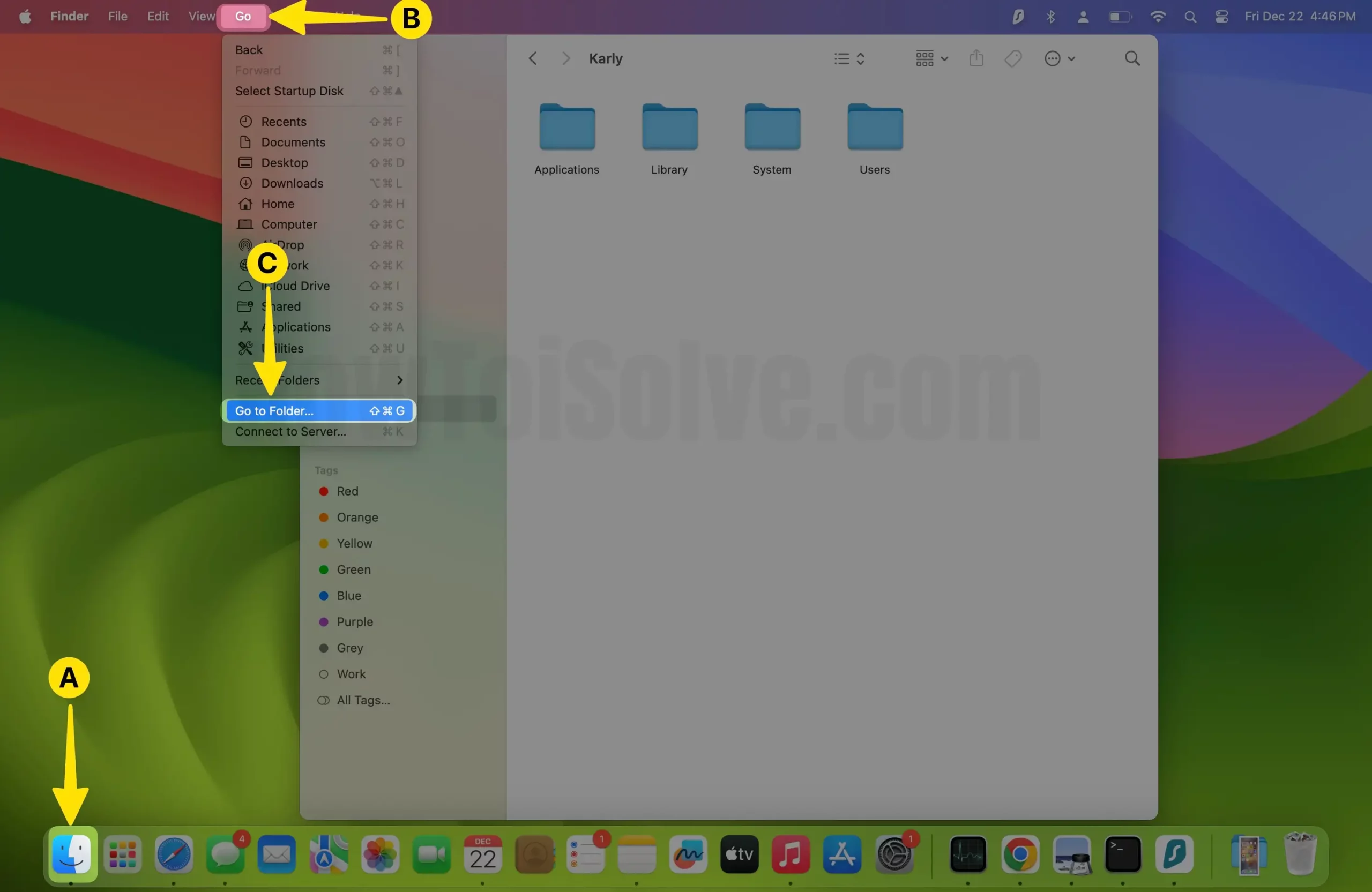Open Finder Click on Go Select Go to Folder on Mac