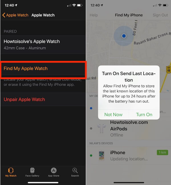 how to turn on find my watch apple