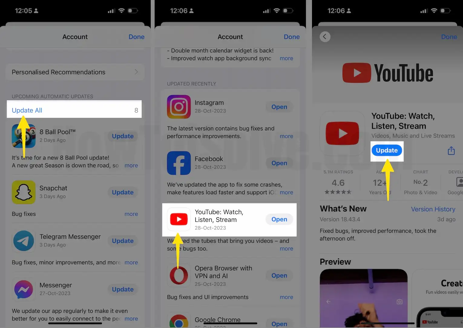 Click on Update All Select Youtube Tap to Update On iPhone