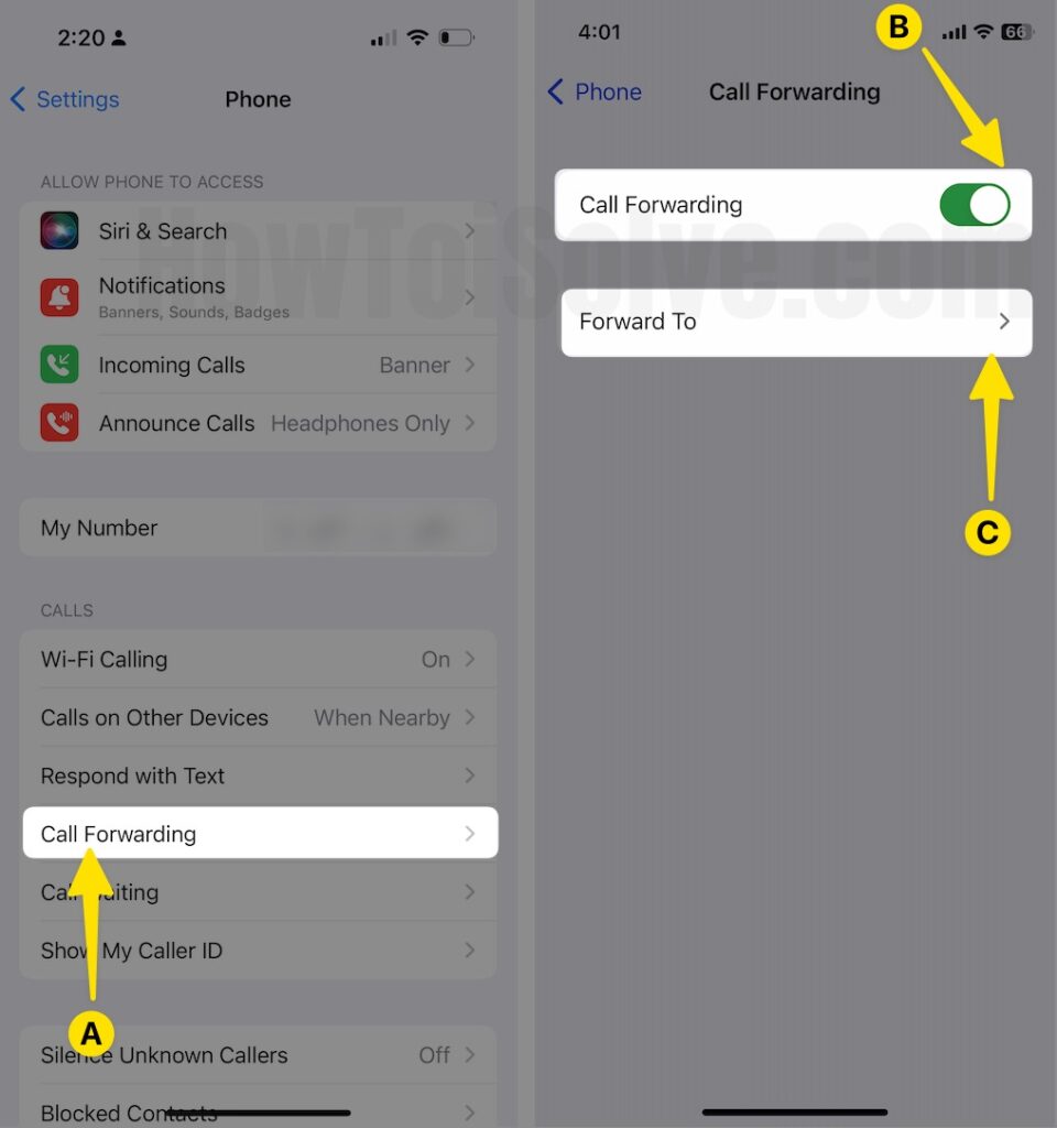 Select Call Forwarding to Enable Click on Forward to On iPhone