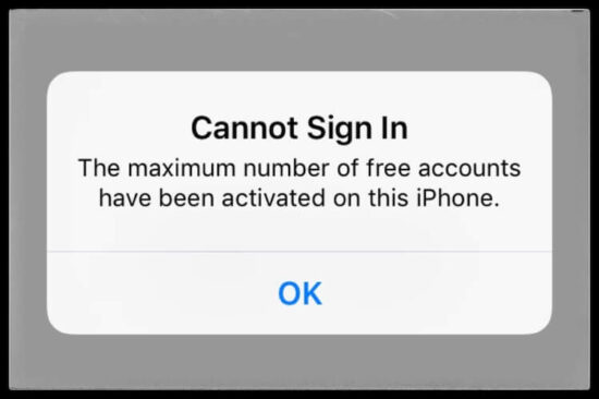 cannot sign in Showing Maximum number of free accounts have been activated on iPhone