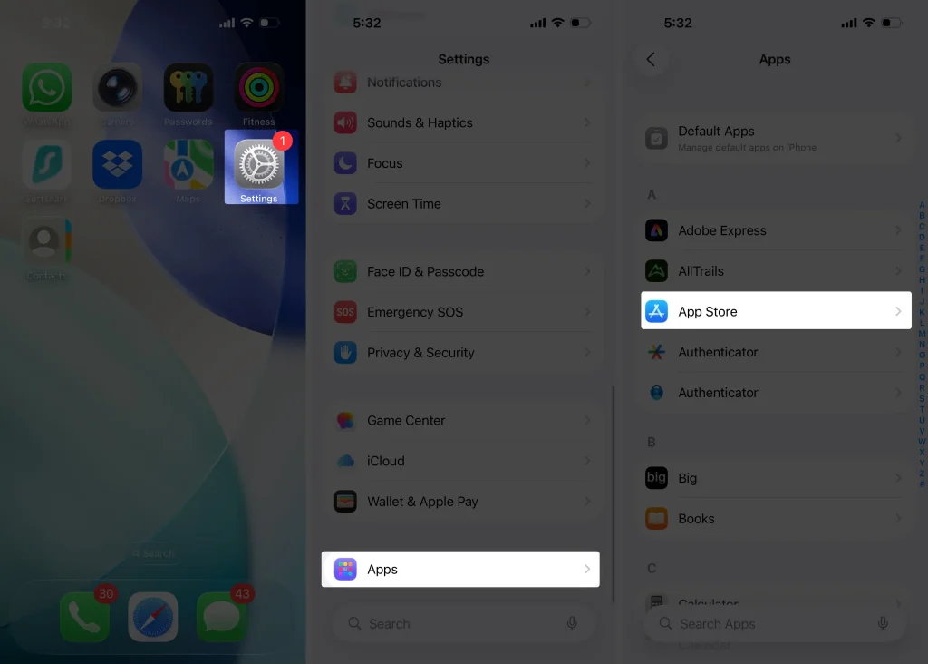 open settings to stop auto update app on iPhone