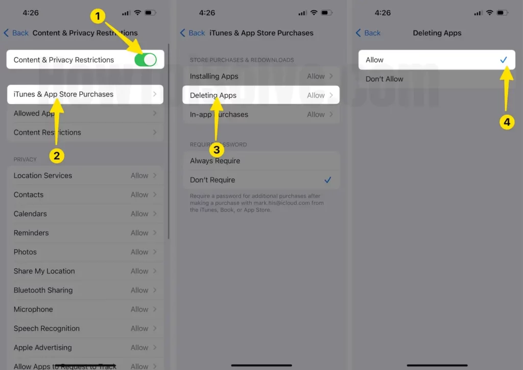 Enable toggle content & privacy restrictions tap on iTunes & app store purchases and tap on deleting apps then check allow on iPhone