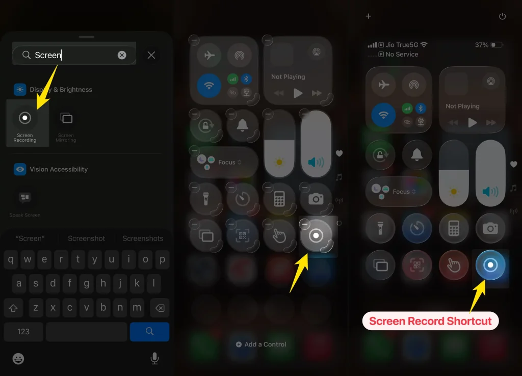 screen record shortcut on iPhone control center